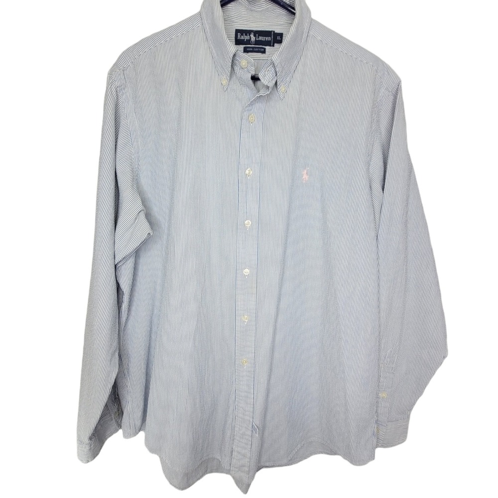 VTG‎ Ralph Lauren Button Up Shirt Men XL Blue White Stripe Long Sleeve Pink Pony